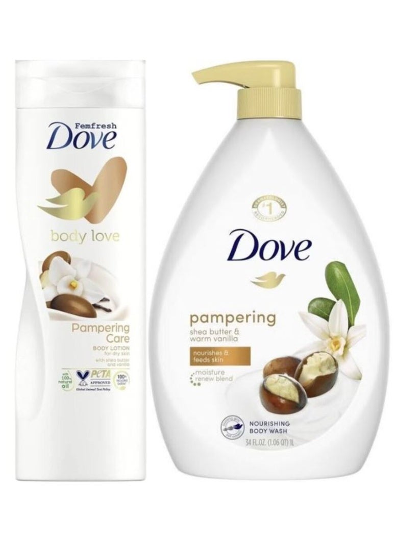 مجموعة دوف للعناية بالجسم - لوشن للجسم بزبدة الشيا والفانيليا الدافئة 400 مل وغسول للجسم مغذي 1000 مل - ترطيب عميق للبشرة الجافة